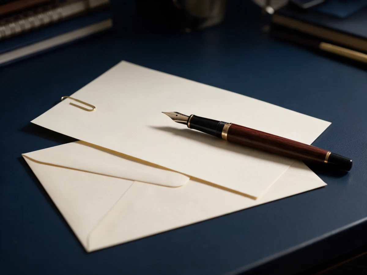 Fountain pen on cream stationery and an envelope on a navy desk