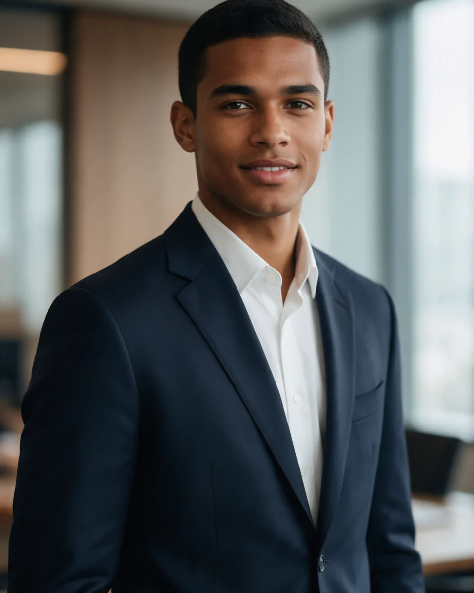 Illustrative portrait of Pablo Cesar de Medeiros Santos, founder of Pavinci Group, in a navy suit in a modern office