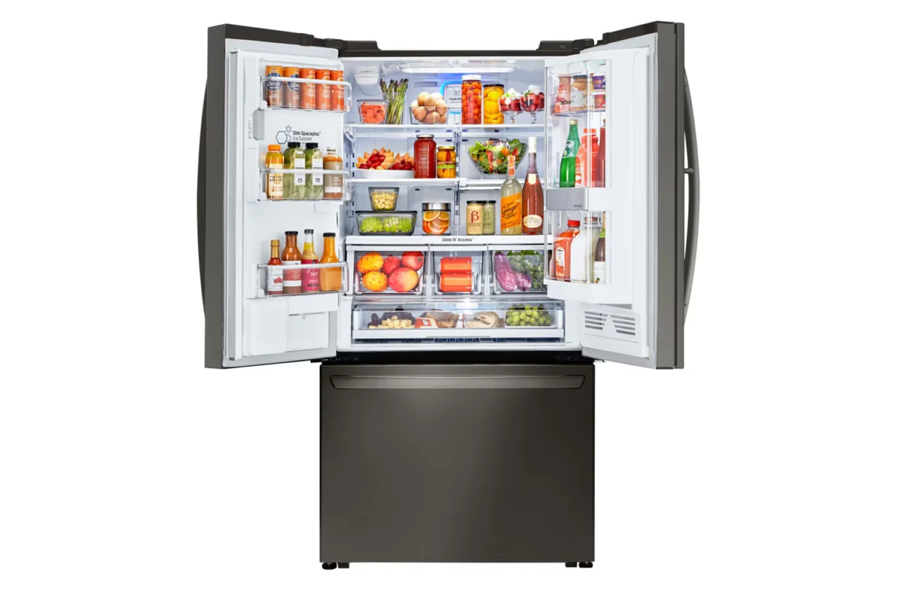 LG GR-X248LKZM with both refrigerator doors open, showing shelves and door bins (official LG image)