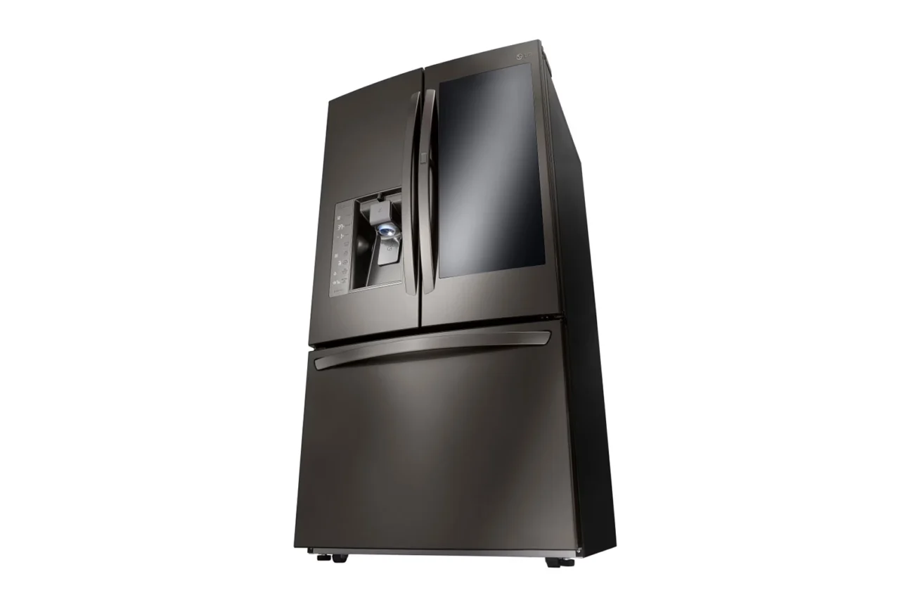 LG GR-X248LKZM refrigerator, angled view in black stainless finish (official LG image)