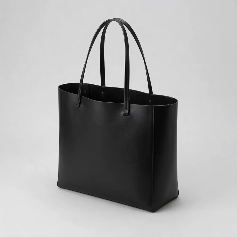 Structured black leather tote bag on a light grey background