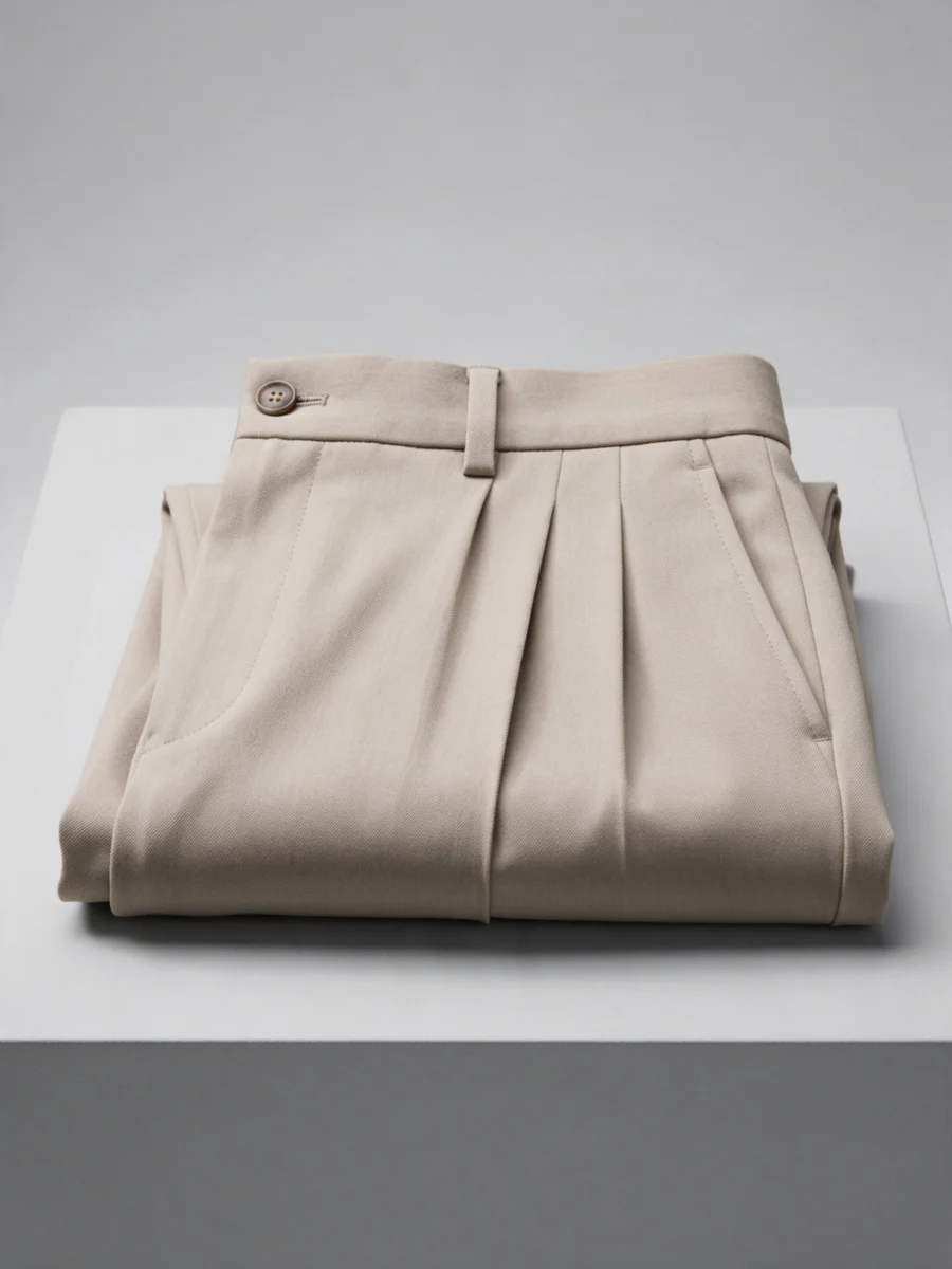 Stone beige pleated trousers folded on a light grey plinth