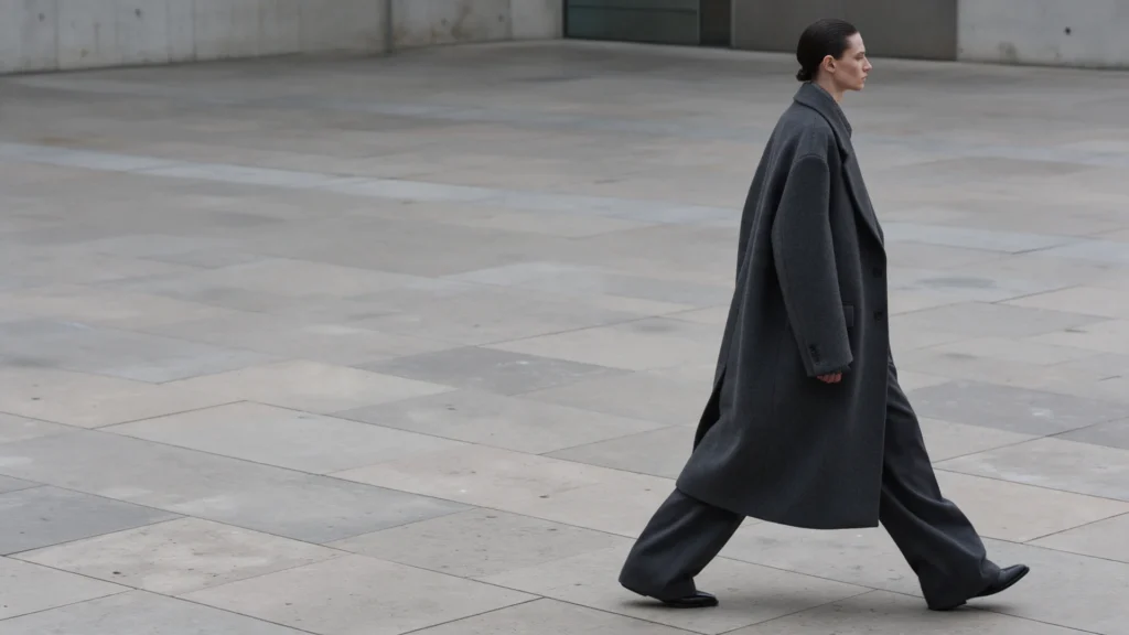 Model in an oversized charcoal wool coat walking across a minimal concrete plaza