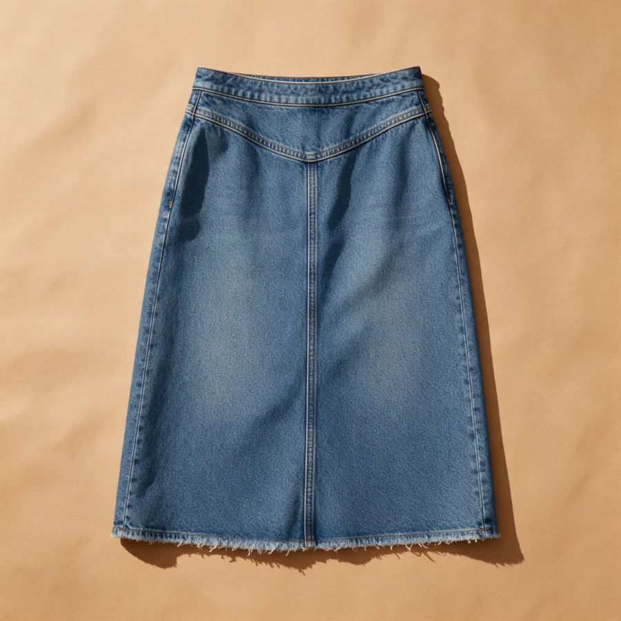 Denim midi skirt laid flat on a warm sand backdrop