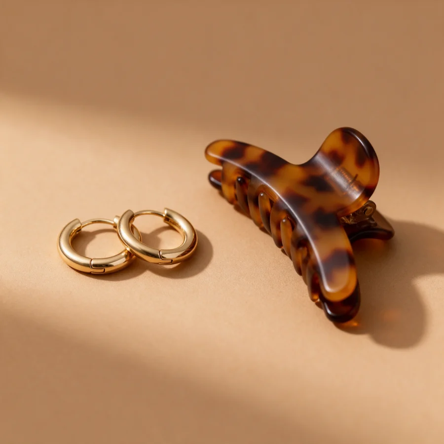 Gold-tone hoop earrings and a tortoiseshell hair clip on a warm sand backdrop