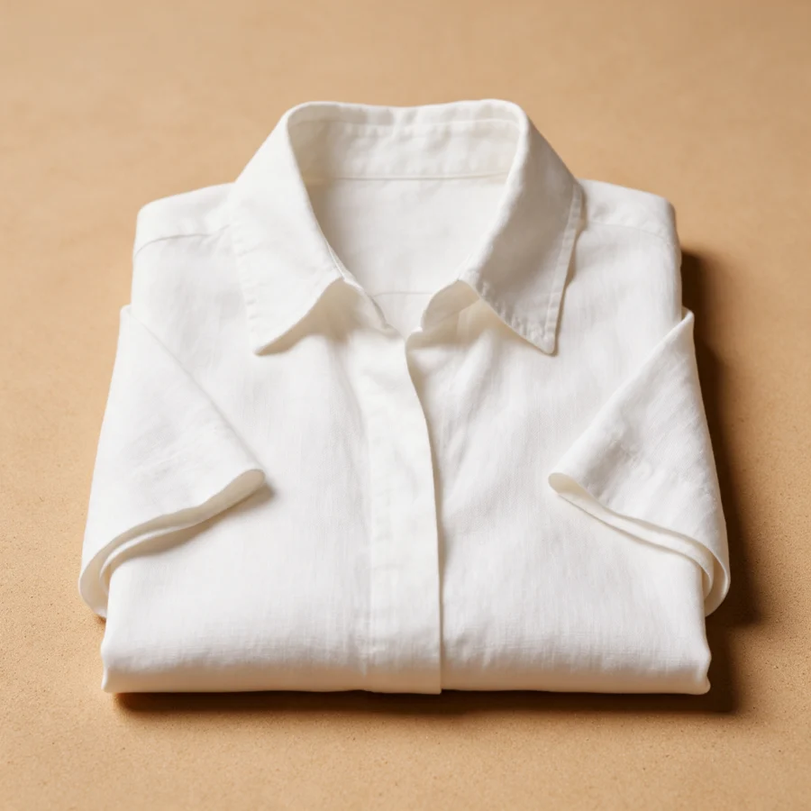 Folded white linen shirt on a warm sand backdrop
