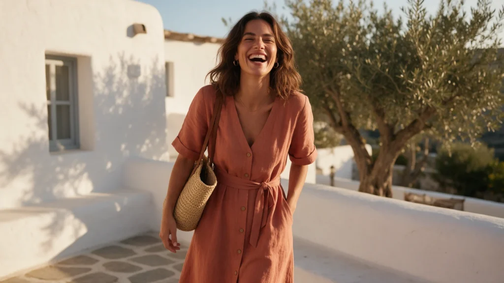 Woman in a terracotta linen dress with a straw bag laughing on a sunlit terrace