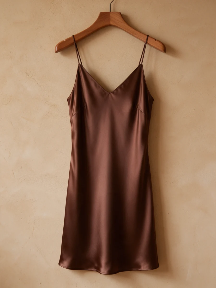 Chocolate brown satin slip dress on a wooden hanger against a warm plaster wall