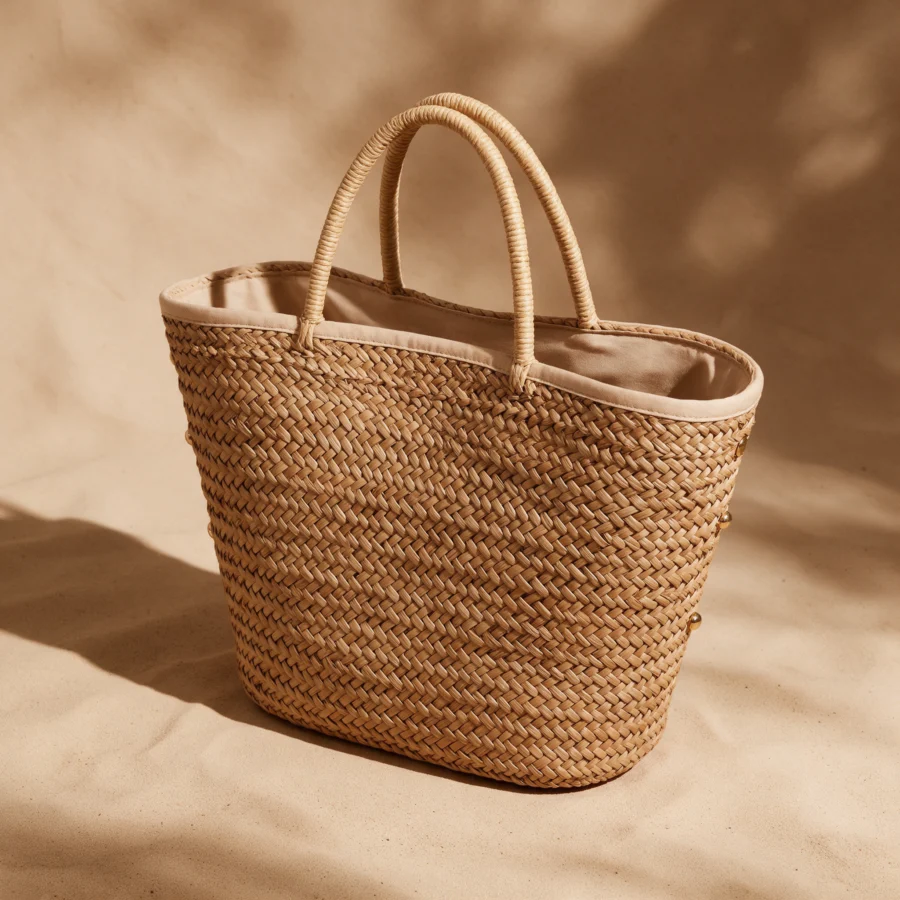Woven straw tote bag on a warm sand backdrop