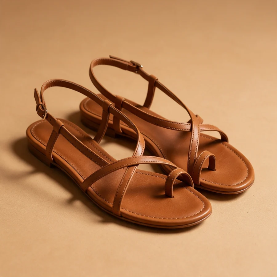 Tan leather flat sandals with thin straps on a warm sand backdrop