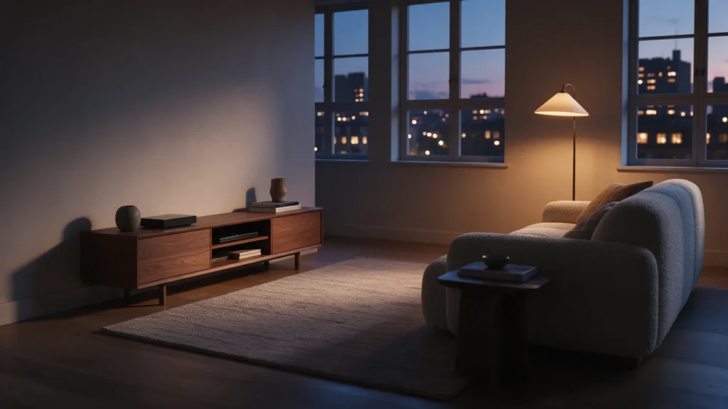 Contemporary living room at dusk with a walnut media console and a boucle sofa