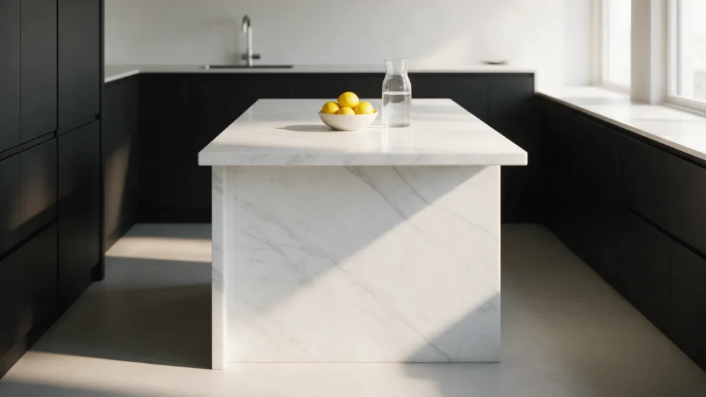 Modern kitchen with matte black cabinetry and a white marble island with lemons