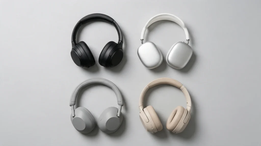 Four wireless over-ear headphones in different colors arranged in a grid