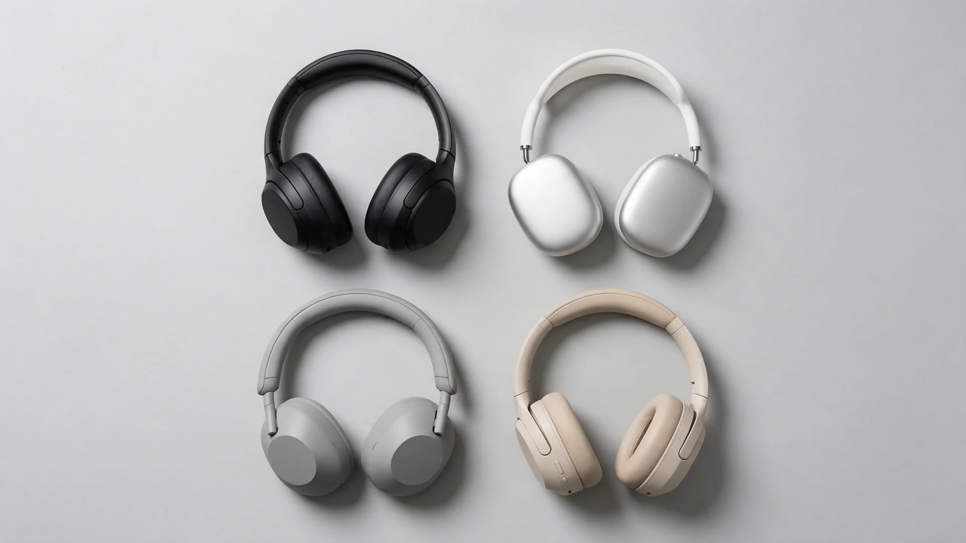 Four wireless over-ear headphones in different colors arranged in a grid