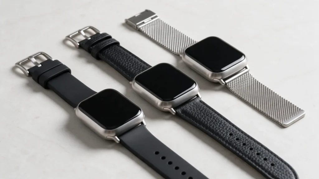 Three smartwatches with silicone, leather and metal mesh straps on pale stone