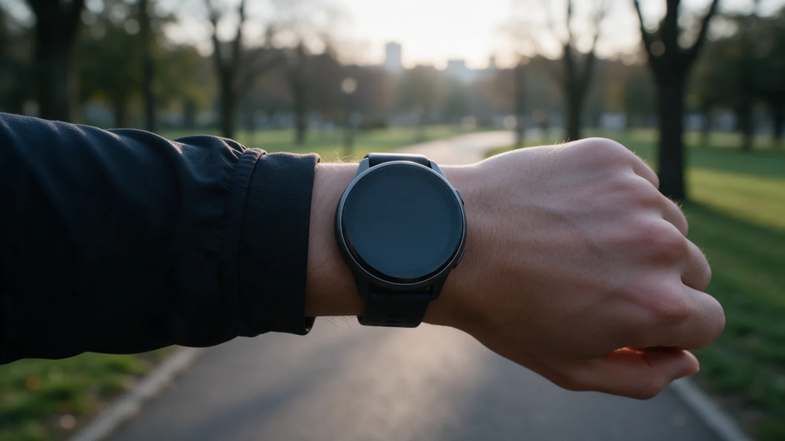 Runner wearing a smartwatch on a park path at dawn
