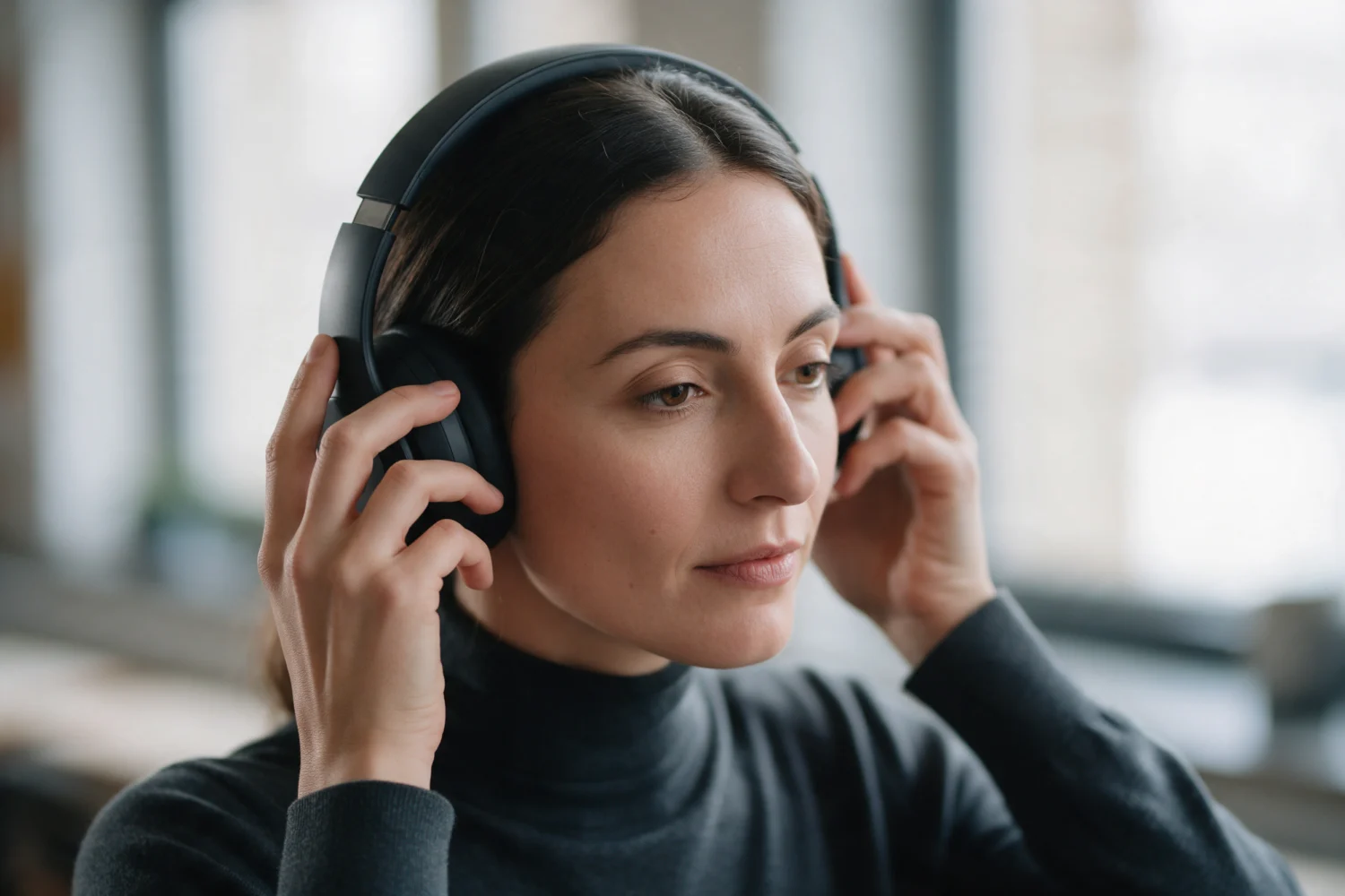 Woman adjusting the ear cushion of over-ear headphones