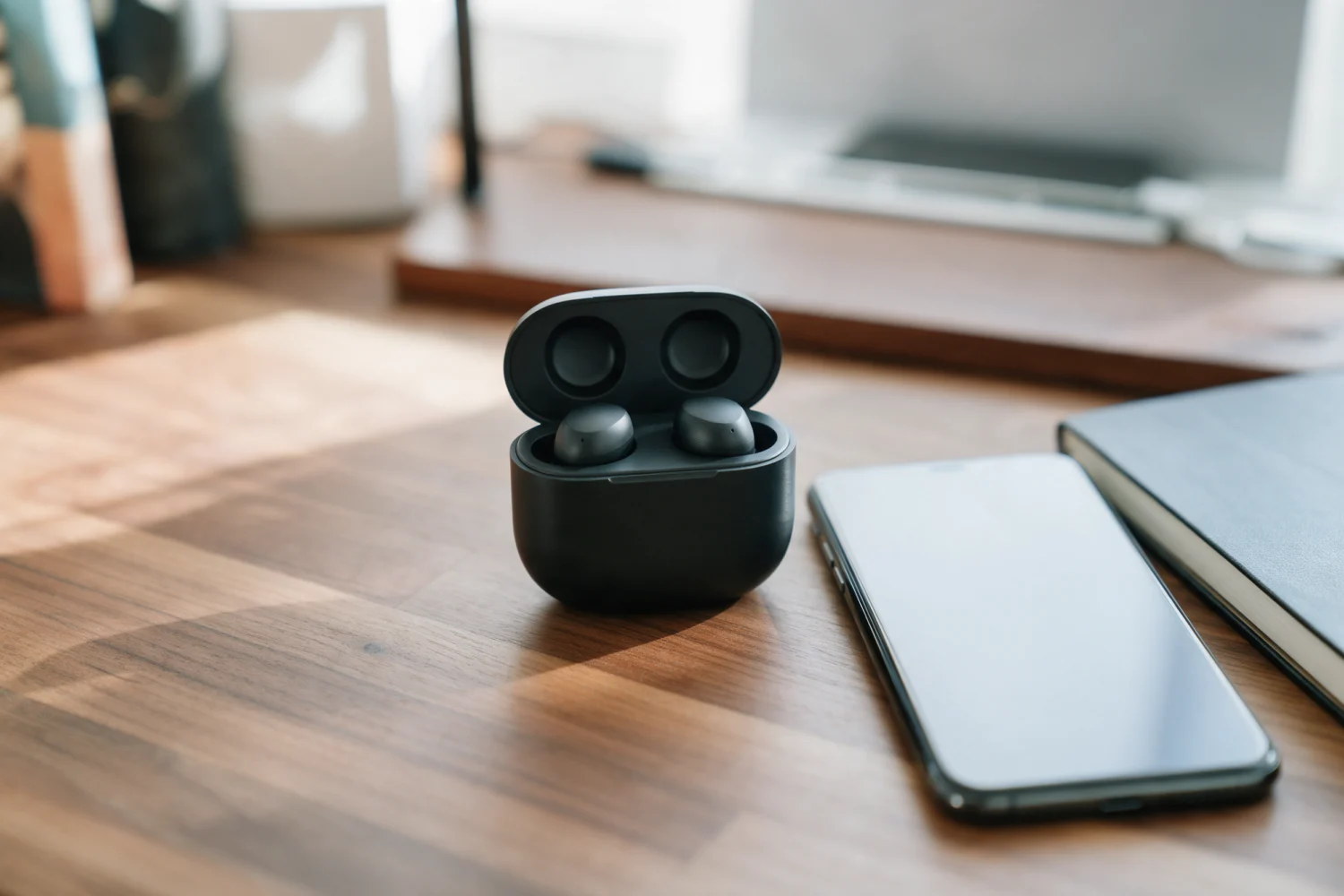 Open wireless earbuds charging case next to a smartphone on a wooden desk