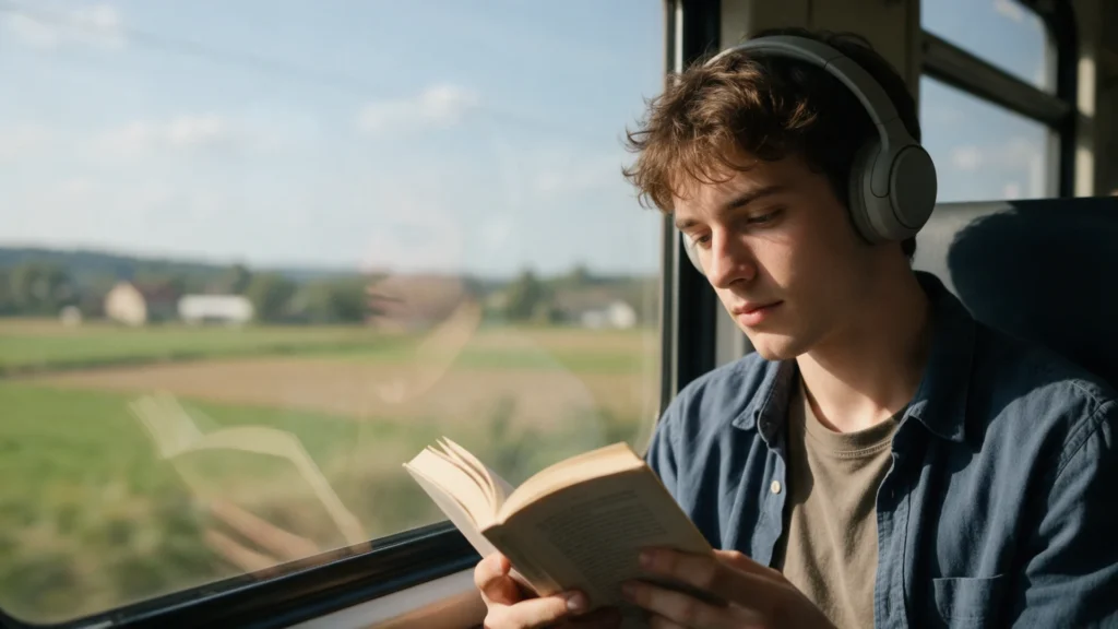 Young man wearing over-ear headphones reading by a train window