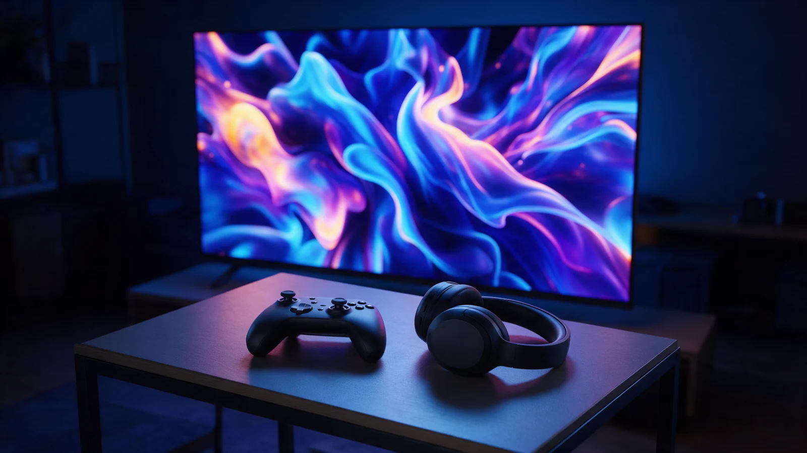 Game controller and headset on a low table in front of a glowing TV