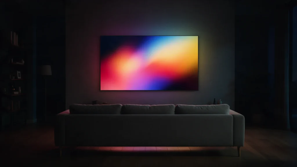 Wall-mounted television glowing in a dark modern living room at night