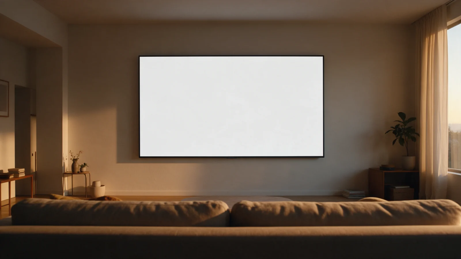 Living room seen from behind a sofa with a wall-mounted TV on the far wall