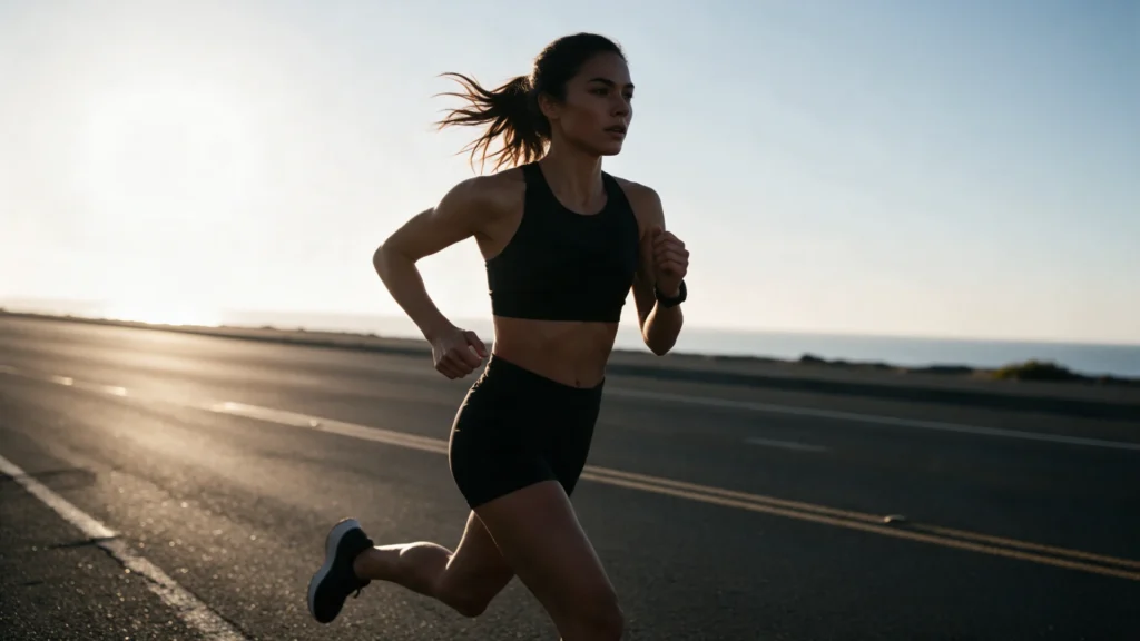 Runner mid-stride on an empty coastal road at sunrise