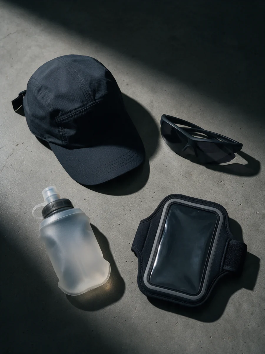 Running cap, soft water flask, sports sunglasses and phone armband on concrete