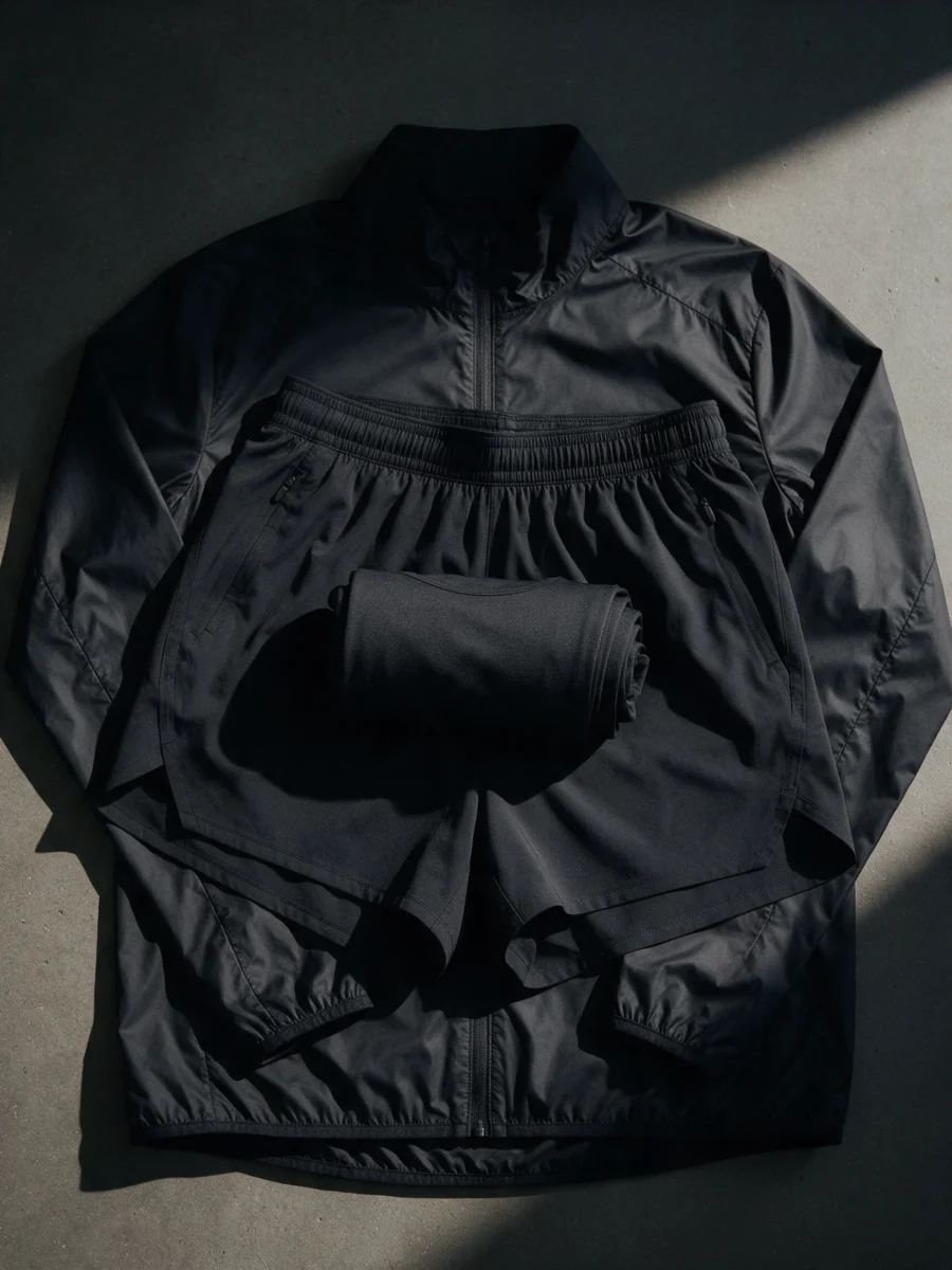 Black running jacket, shorts and long-sleeve top laid flat on concrete