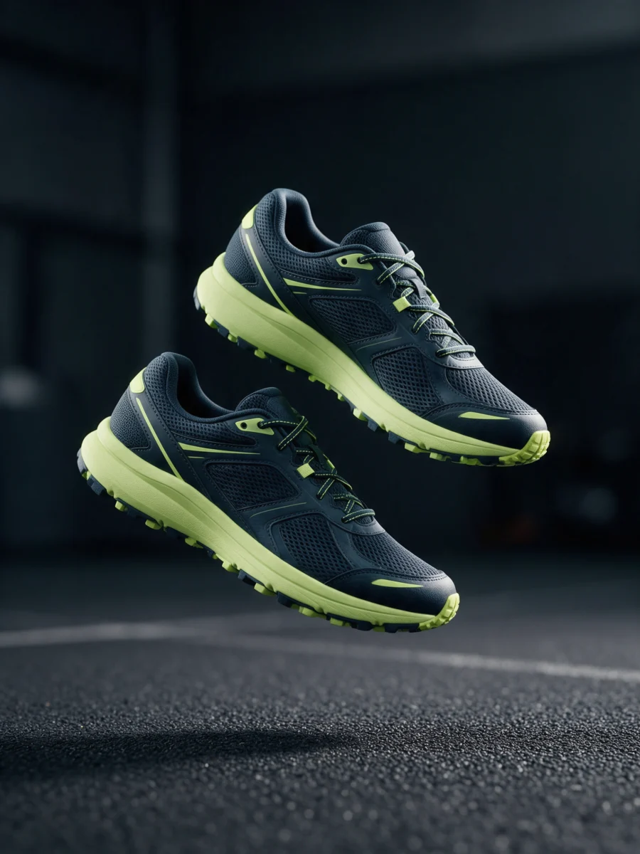 Running shoes with neon accents floating above a dark track