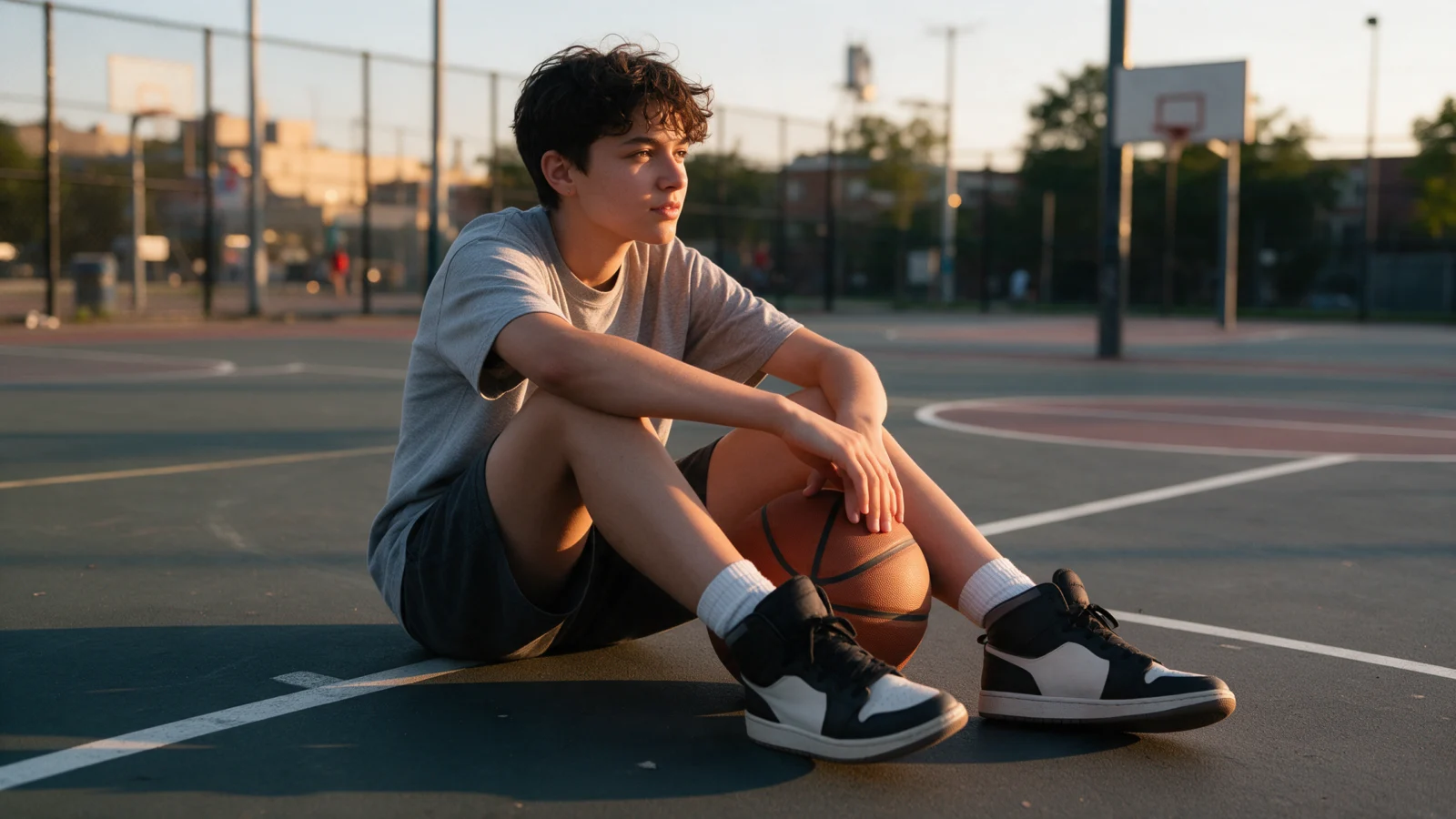 Person in high-top sneakers sitting on a street basketball court at sunset