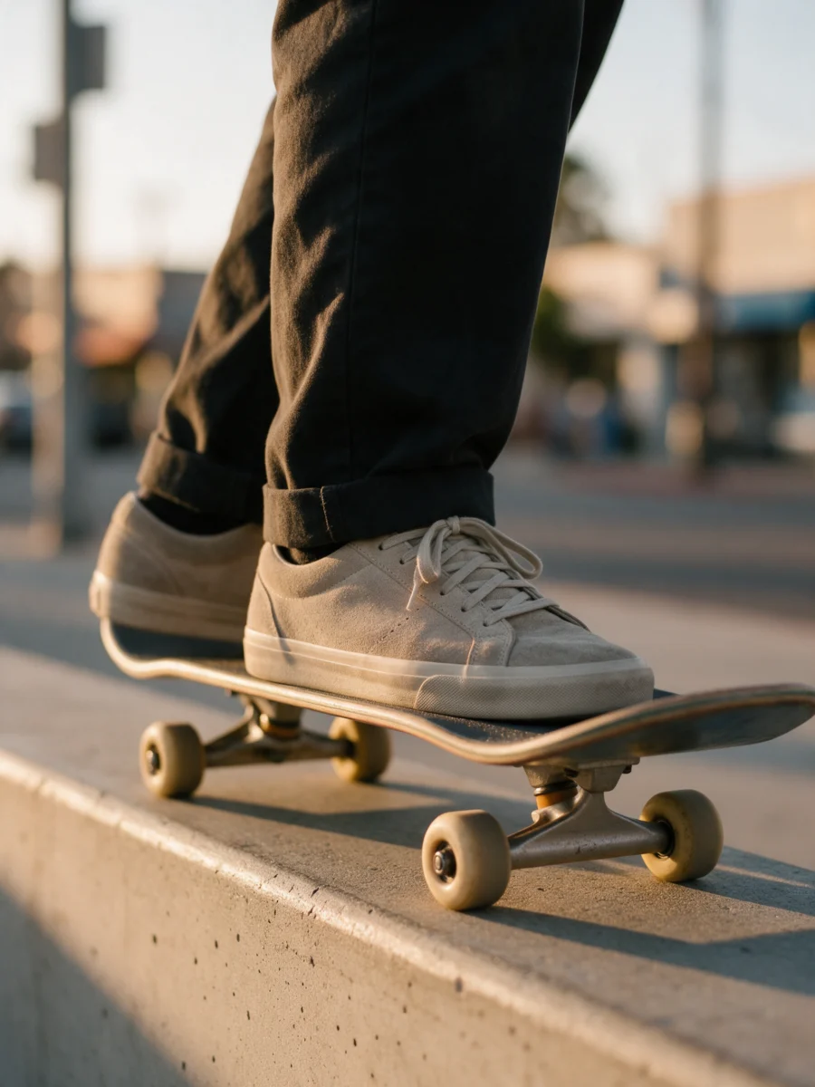 Skateboarder in suede low-top sneakers standing on a board on a concrete ledge