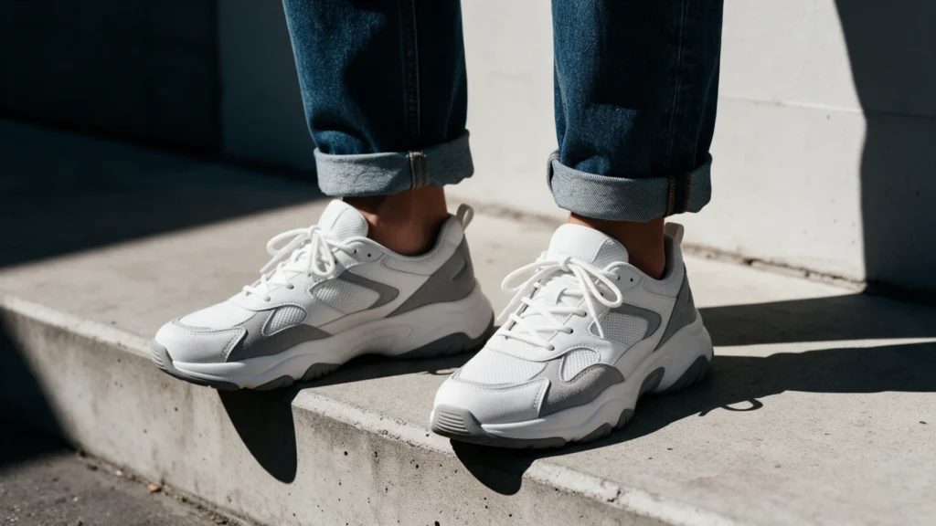 Chunky white and grey sneakers with cuffed denim on a concrete step