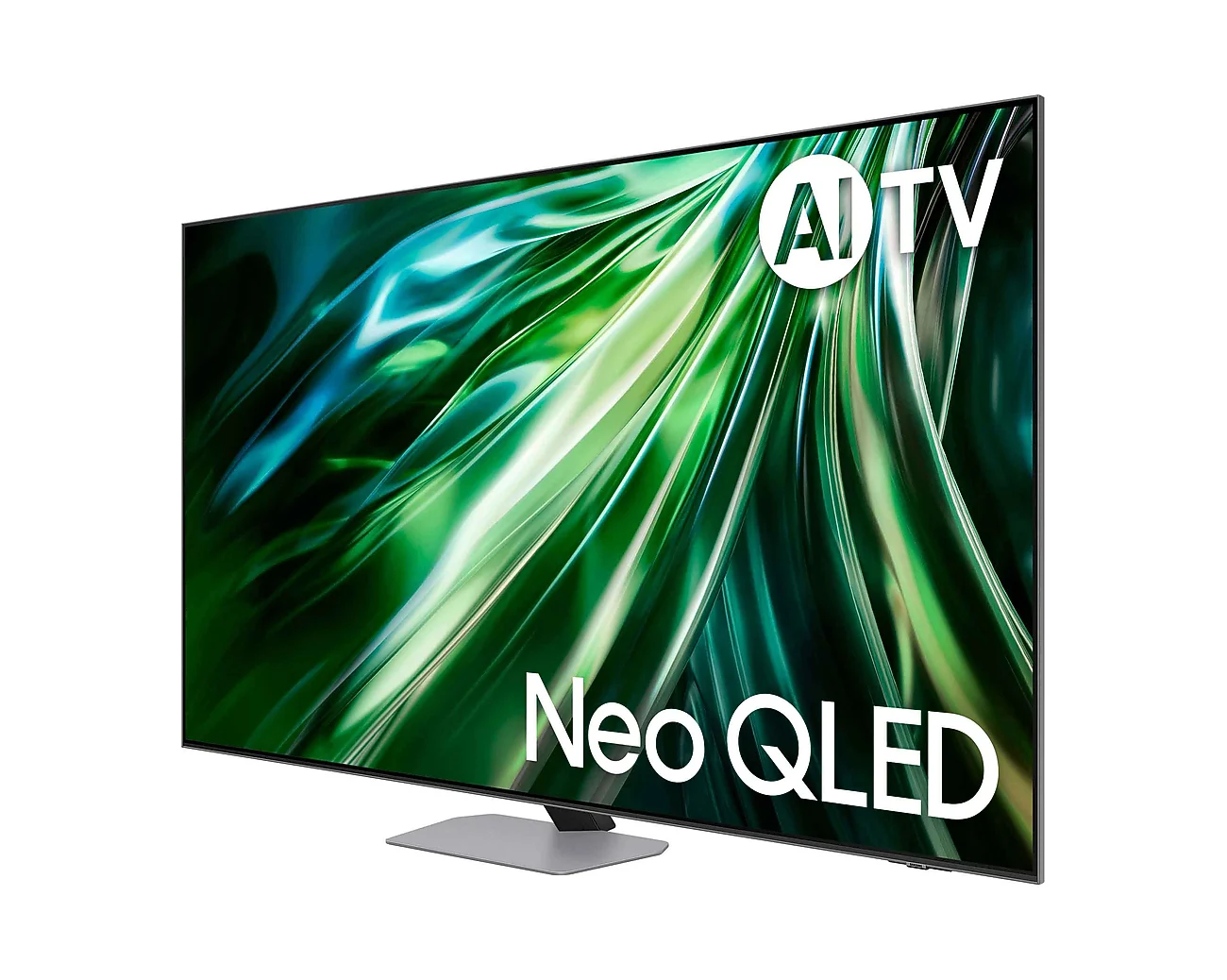 Samsung Neo QLED QN90D 65-inch TV, angled view showing the slim profile and central stand (official Samsung image)
