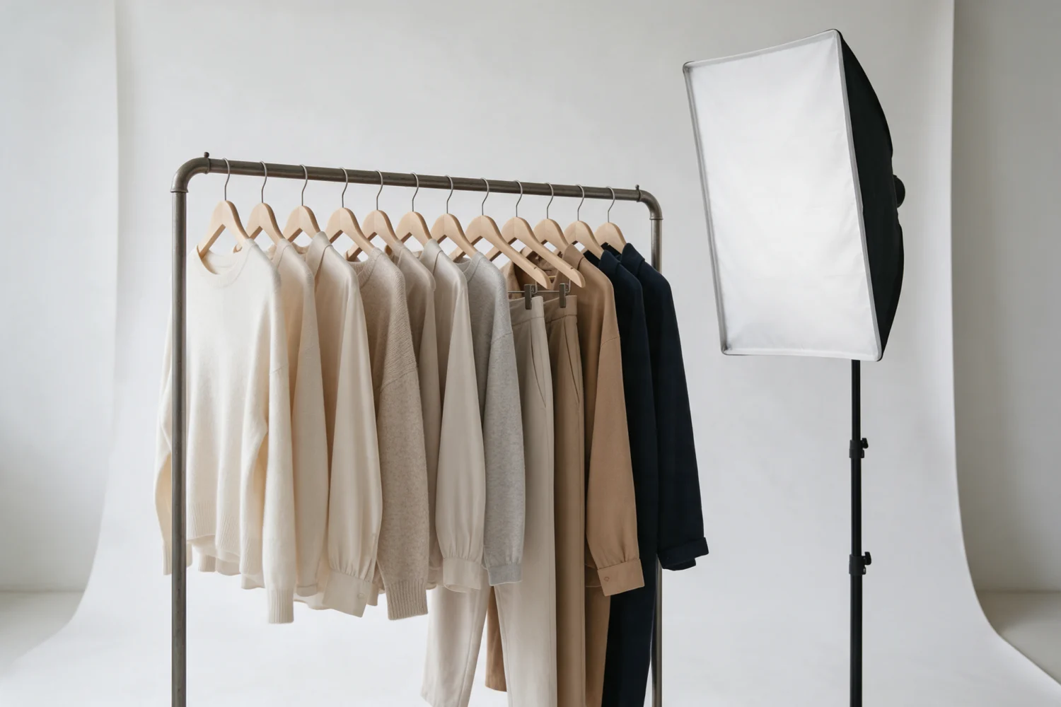 Clothing rail with neutral garments beside a softbox in a photo studio