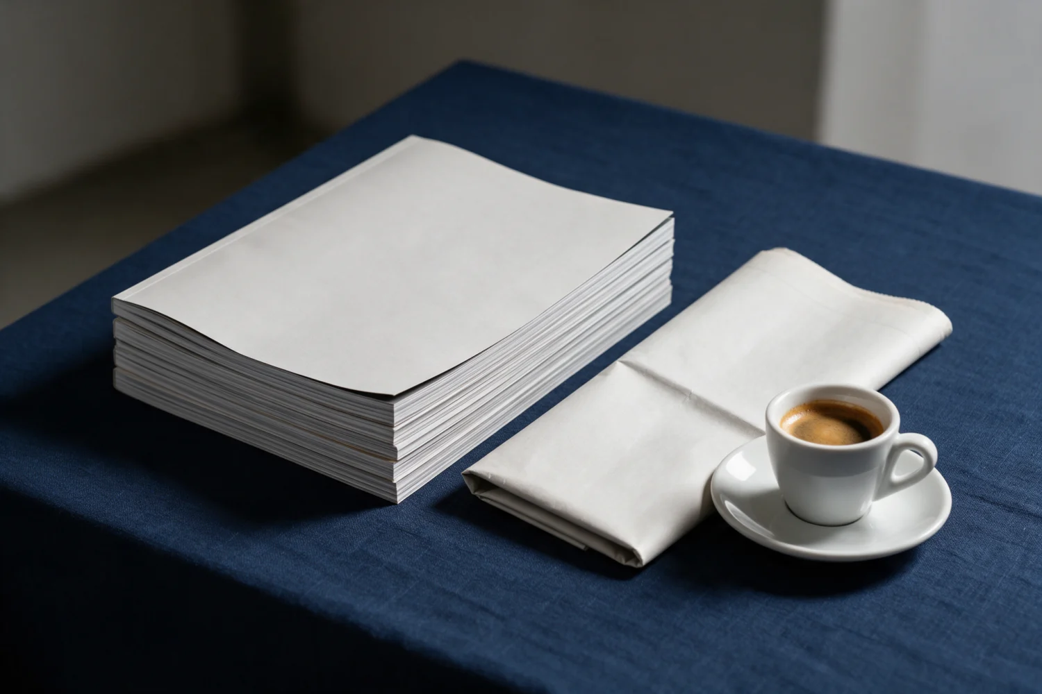 Stack of magazines and a newspaper on navy linen next to an espresso