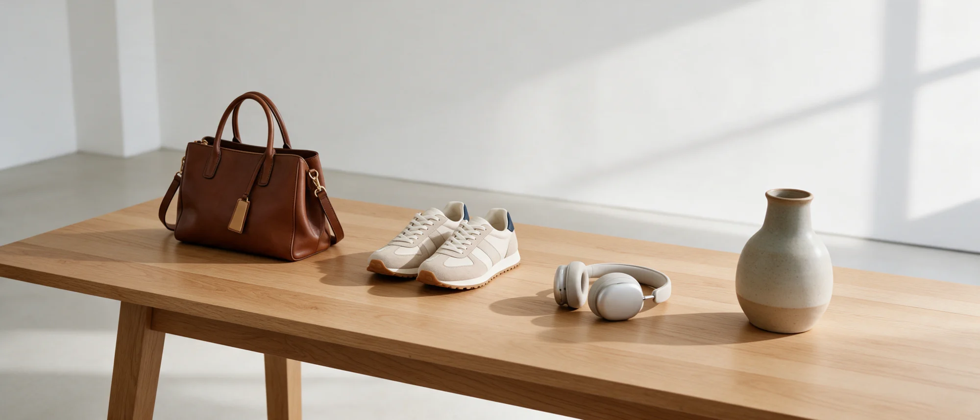 Retail products arranged on a long oak table in a bright white studio